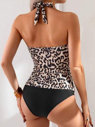 طقم تانكيني حريمي Swim Lushoire مجموعة بيكيني نسائية مكونة من قطعتين ذات طبعة جلد الفهد على الكتف، مزينة بالذهبي ذات خصر منخفض وصالوني