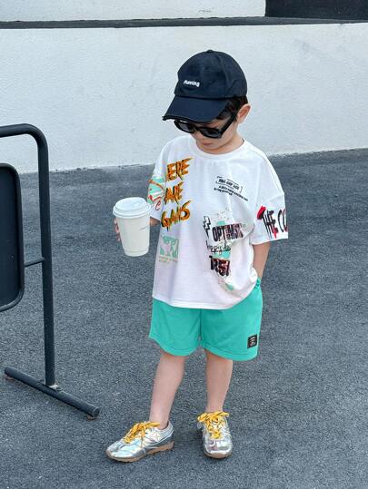 مجموعة من قطعتين من ملابس علوية تريكو كمامة وشورت فضفاض طباعة رسوم كتابية وأحرف لشباب، مناسب للربيع والصيف، صالح للاستخدام اليومي، تناسب رياضة، الحرم الجامعي، الحفلات، المناسبات، التصوير، والعودة إلى المدرسة