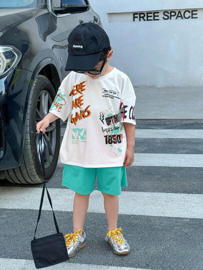 مجموعة من قطعتين من ملابس علوية تريكو كمامة وشورت فضفاض طباعة رسوم كتابية وأحرف لشباب، مناسب للربيع والصيف، صالح للاستخدام اليومي، تناسب رياضة، الحرم الجامعي، الحفلات، المناسبات، التصوير، والعودة إلى المدرسة