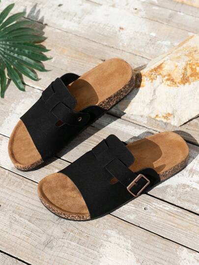 صنادل صيفية كاجوال للرجال، شباشب بألوان كتلة بسيطة - شباشب خلفية غير مغلقة، لون أسود للأعلى والأشرطة، مناسبة للاستخدام في الداخل/الخارج/الشاطئ