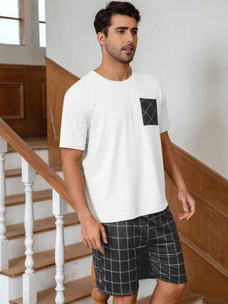 AICJ 2 طقم رجالي من شورت قصير بجيوب وتي شيرت بأكمام قصيرة، لون واحد ، أسلوب كاجوال فضفاض ، بسيط ، مناسب للربيع والصيف كملابس منزلية