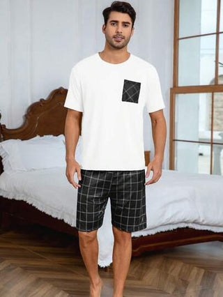 AICJ 2 طقم رجالي من شورت قصير بجيوب وتي شيرت بأكمام قصيرة، لون واحد ، أسلوب كاجوال فضفاض ، بسيط ، مناسب للربيع والصيف كملابس منزلية