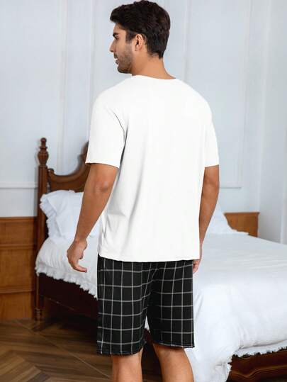 AICJ 2 طقم رجالي من شورت قصير بجيوب وتي شيرت بأكمام قصيرة، لون واحد ، أسلوب كاجوال فضفاض ، بسيط ، مناسب للربيع والصيف كملابس منزلية