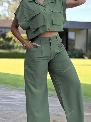 مجموعة قميص وبنطال كاجوال أكمام قصيرة من قماش منسوج (110 جرام) قطعتان