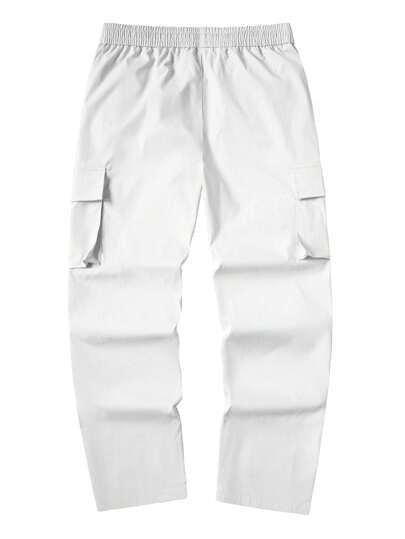 Manfinity Homme بنطلون رجالي لون أحادي الخصر بحبل شد الخصر جيوب كارجو ساق مستقيمة