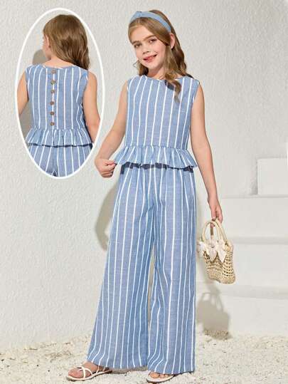 تيشيرتات بناتي طقم قمصان بلا أكمام مخطط وبنطلونات ذات رجل مستقيمة للمراهقات المرتاحة خلال العطلة