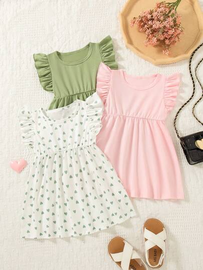 فساتين بيبي مجموعة من 3 قطع لفستان رضيعة بنطاق أكمام قلب + فستان كاجوال أحادي اللون لعيد الحب