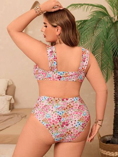 Swim Mod بدلة سباحة بقطعتين للمرأة بخطوط زهرية عشوائية وأربطة قابلة للتعديل بياقة على شكل V، بطراز بوهيمي عذب مناسب لرحلات الشاطئ