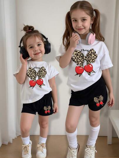 مجموعة مكونة من 2 قطعة للفتيات الرضع: تي شيرت وشورت مطبوع بتصميم الكرز والنمر والفيونكة، ملابس عادية إبداعية، أطقم متطابقة للأشقاء (يباع كل مجموعتين قطعتين بشكل منفصل)