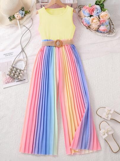 تيشيرتات بناتي طقم ملابس علوية قطني أكمام بدون أكمام مع بنطلون واسع متدرج نمط ، مناسب للتنقل والراحة في فصل الربيع/الصيف