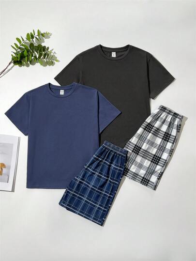 بيجاما طقم بيجامة مكون من 4 قطع لعمر المراهقين، تي شيرت بيجامة بياقة دائرية وأكمام قصيرة بلون سادة وبنطلون بيجامة بنمط مربعات فضفاض