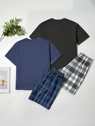 بيجاما طقم بيجامة مكون من 4 قطع لعمر المراهقين، تي شيرت بيجامة بياقة دائرية وأكمام قصيرة بلون سادة وبنطلون بيجامة بنمط مربعات فضفاض