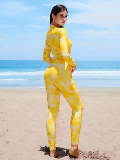 Swim Shayni مجموعة الملابس الصيفية للشاطئ للنساء: بدلة سباحة قصيرة الأكمام ذات رقبة مستديرة وسحاب خلفي مطبوعة بطباعة عشوائية، وفستان ملابس شاطئ، طقم عطلة الشاطئ المتواضع