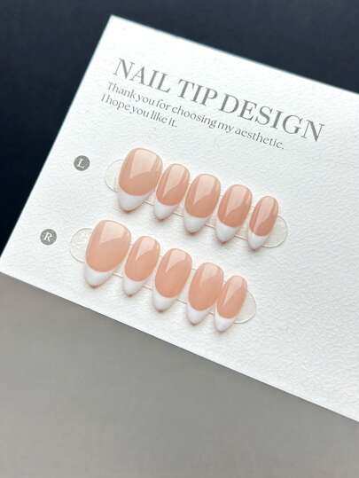 10 قطعة أظافر مزيفة مصنوعة يدويًا من الأظافر المنحوتة قصيرة على شكل اللوز، بطراز كلاسيكي وبسيط، DIY تصميم فرنسي أبيض على خلفية ظفر عاري، قطع أظافر مزيفة راقية، مناسبة للنساء والفتيات لاستخدامها يوميًا، مع مجموعة الأظافر