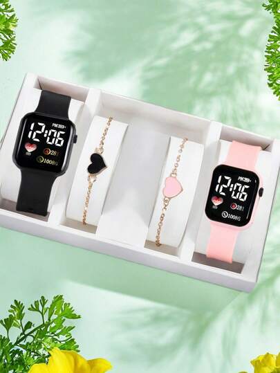 4 قطع/مجموعة - 2 ساعة بشكل قلب وشكل مربع ، و 2 سوار بشكل قلب، هدايا عيد الحب، عيد الميلاد، التخرج، هدايا للأزواج، مجموعة ساعات وأساور للأزواج