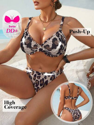 طقم تانكيني حريمي Swim DD+ ملابس نسائية صيفية للشاطئ: توب تانكيني ذو نمط عشوائي بطبعة نمر والمتميز بدعم من الأسفل، وسروال بيكيني مثلث عادي، مجموعة ملابس السباحة للعطلة