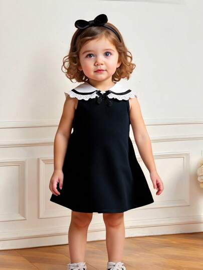 فساتين بيبي فستان رضيعة فتاة رمادي جميل بتطريز أنيق ذو طوق مكرر بدون أكمام، مناسب لليومي الرسمي والتجمعات والخروجات والعطلات الصيفية