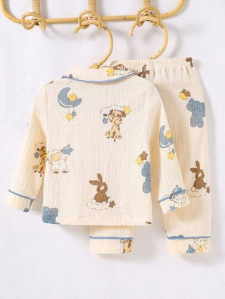 SHEIN مجموعة بنطلون وكارديجان مكونة من 2 قطعة بنمط فيل و نجوم باللون البيج، طقم ملابس مريح للأطفال الرضع والأطفال الصغار الذكور