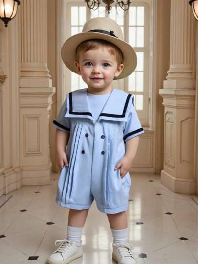 طقم رومبر قصير بياقة بحارة مزين بأزرار للأطفال حديثي الولادة بنين/بنات في لون البحري، مناسب للخروج، الصيف والأجازات البحرية