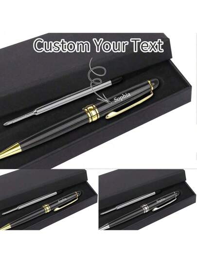 قلم حبر جاف معدني شخصي مزود بريشة إضافية ذو رأس متوسط ، إقفال بالالتواء ، هيكل دائري ، طقم هدايا مكتبية معممة