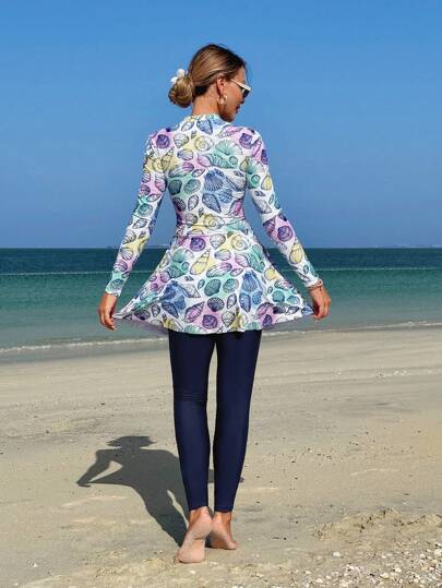 Swim Shayni مجموعة نسائية مكونة من 2 قطعة: توب طويل الأكمام ذو رقبة صاعدة ضيقة مطبوع بنقش صدفة البحر وفستان أنبوبي متوسط الطول مع سروال ضيق, بركيني للسيدات في الشرق الأوسط