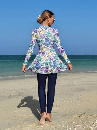 Swim Shayni مجموعة نسائية مكونة من 2 قطعة: توب طويل الأكمام ذو رقبة صاعدة ضيقة مطبوع بنقش صدفة البحر وفستان أنبوبي متوسط الطول مع سروال ضيق, بركيني للسيدات في الشرق الأوسط