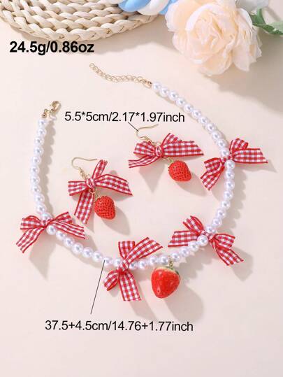 مجموعة مجوهرات مكونة من 3 قطع: قلادة وأقراط بخرز شكل عقدة الفراشة, فراولة, وصدفة مع خرز اللؤلؤ للبنات