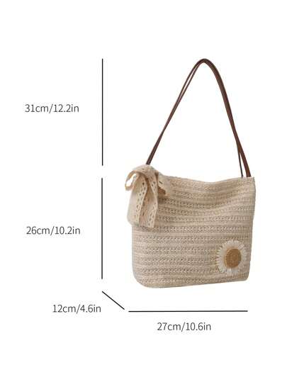 حقيبة كتف مُنسوجة بتصميم عباد الشمس أنيق، حقيبة موضة جديدة لعام 2025، حقيبة كتف منسوجة بطراز كوري لحفلات الشاطئ ، ضروريات الشاطئ والأساسيات الصيفية، أحدث حقيبة عطلات