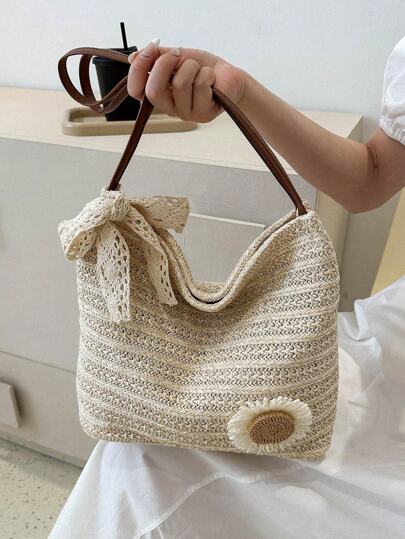 حقيبة كتف مُنسوجة بتصميم عباد الشمس أنيق، حقيبة موضة جديدة لعام 2025، حقيبة كتف منسوجة بطراز كوري لحفلات الشاطئ ، ضروريات الشاطئ والأساسيات الصيفية، أحدث حقيبة عطلات