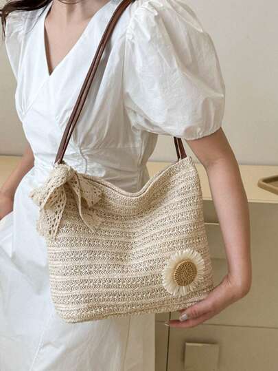 حقيبة كتف مُنسوجة بتصميم عباد الشمس أنيق، حقيبة موضة جديدة لعام 2025، حقيبة كتف منسوجة بطراز كوري لحفلات الشاطئ ، ضروريات الشاطئ والأساسيات الصيفية، أحدث حقيبة عطلات