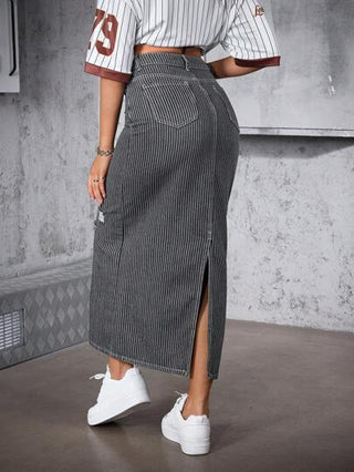 EZwear تنورة جينز طويلة ممزقة ذات شريط عادي