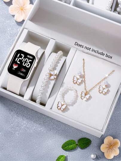 6 قطع / مجموعة ساعة رقمية مربعة أنيقة وجميلة للمراهقات مع طقم مجوهرات فراشة، عقد وأساور وأقراط وخواتم، هدايا للأم وعيد الأم