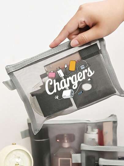 حقيبة شبكية متعددة الألوان مطبوعة بتصميم إبداعي لموضوع كابل الشحن ، حقيبة تخزين كابل البيانات ، حقيبة تخزين الشاحن ، مزودة بسحّاب لمنع السقوط ، خفيفة الوزن ، سعة كبيرة ، متعددة الاستخدامات