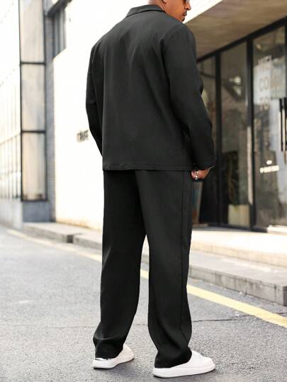 Manfinity Homme دعامة للرجال مقاس كبير بدلة كاجوال ذات لون أحادي مكونة من جاكيت بياقة التصق وأكمام طويلة وبنطلون