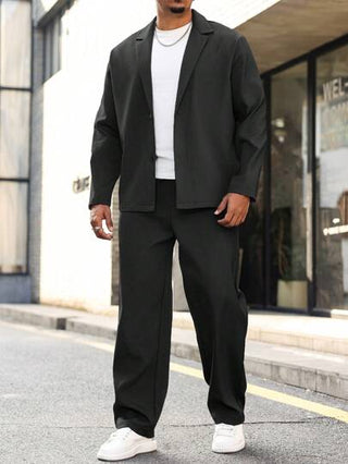 Manfinity Homme دعامة للرجال مقاس كبير بدلة كاجوال ذات لون أحادي مكونة من جاكيت بياقة التصق وأكمام طويلة وبنطلون