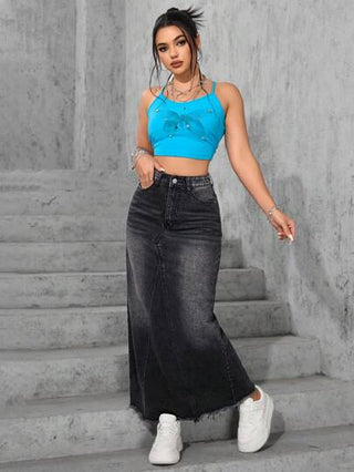 EZwear تنورة جينز طويلة مهترئة بشرابات غير رسمية