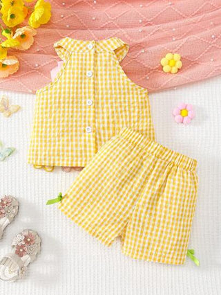 SHEIN مجموعة بنطلون وبلوزة بدون أكمام للبنات الصغار مطرزة بزهرة ورقبة مربعة، للربيع والصيف