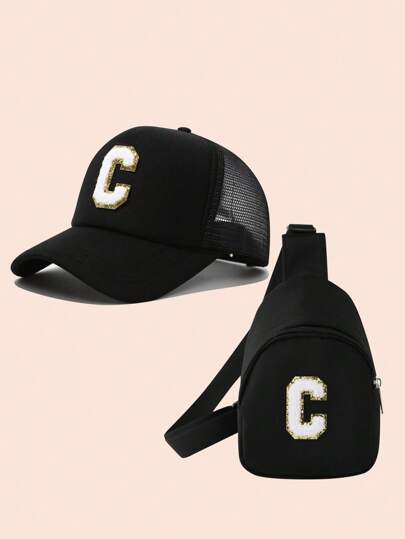 مجموعة مكونة من 2 قطعة، قبعة بيسبول مطبوع عليها حروف للأولاد وحقيبة، فستان بناتي مخرم بناعم مناسب للارتداء اليومي والخارجي