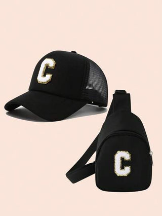 مجموعة مكونة من 2 قطعة، قبعة بيسبول مطبوع عليها حروف للأولاد وحقيبة، فستان بناتي مخرم بناعم مناسب للارتداء اليومي والخارجي