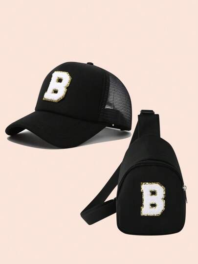 مجموعة مكونة من 2 قطعة، قبعة بيسبول مطبوع عليها حروف للأولاد وحقيبة، فستان بناتي مخرم بناعم مناسب للارتداء اليومي والخارجي