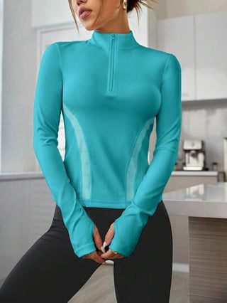 Sport Studio بلوزة رياضة سلس نسائية طويلة الأكمام نصف السحاب، كاجوال، للياقة البدنية
