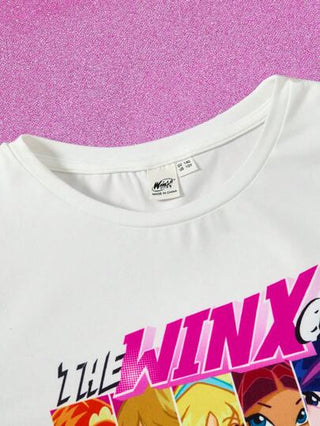 ملابس بناتي The Winx X مجموعة بنطلون وتيشيرت للبنات المراهقات ، تيشيرت قصير الأكمام أبيض مريح متعدد الاستخدامات مع رسوم بورتريه ، وبنطلون أسود متسع بطبعة فراشات ملونة قطعتان