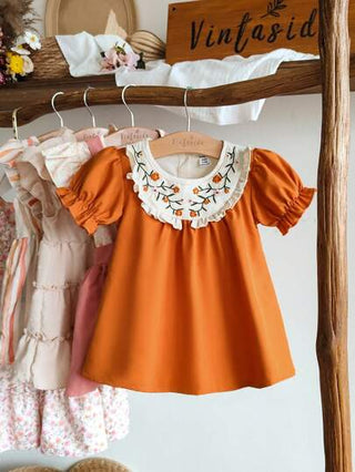 فساتين بيبي Vintaside Kids فستان للأطفال البنات ربيع/صيف بياقة مستديرة وأكمام قصيرة مطرز بزهور، لون لطيف، طراز أنيق، نقش دقيق، قصة مناسبة، مناسب للتنزه اليومي للأطفال، للبس المنزلي العادي، سهل إنشاء إطلالة حفلة عذبة