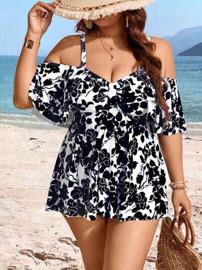 Swim Lushoire مجموعة من قطعتين من ملابس السباحة التانكيني المحافظة والأنيقة، مع طباعة عشوائية وأشرطة قابلة للتعديل للكتف الباردة لقياسات أكبر