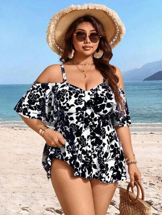 Swim Lushoire مجموعة من قطعتين من ملابس السباحة التانكيني المحافظة والأنيقة، مع طباعة عشوائية وأشرطة قابلة للتعديل للكتف الباردة لقياسات أكبر