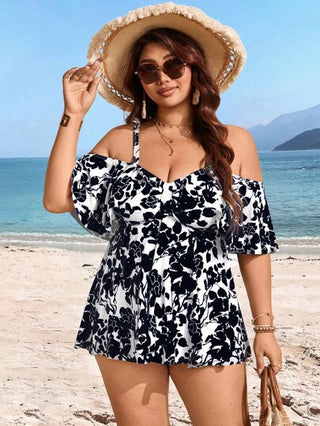 Swim Lushoire مجموعة من قطعتين من ملابس السباحة التانكيني المحافظة والأنيقة، مع طباعة عشوائية وأشرطة قابلة للتعديل للكتف الباردة لقياسات أكبر