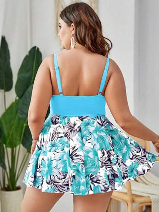 Swim Lushoire مجموعة بكيني مطبوعة عشوائية من قطعتين مناسبة للسيدات البدينة، صدر مبطن، خصر منتفخ، تنورة شكل A، بدلة سباحة كاجوال للعطلات