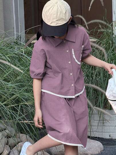 مايوه حريمي قطعة واحدة DAZY قميص أكمام قصيرة وشورت قطعتين للفتيات المراهقات، لون أحادي، مجموعة بسيطة وعملية