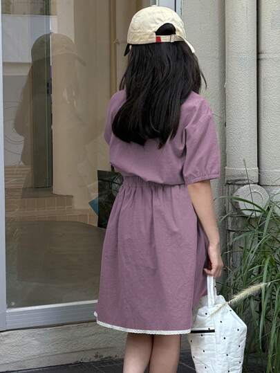 مايوه حريمي قطعة واحدة DAZY قميص أكمام قصيرة وشورت قطعتين للفتيات المراهقات، لون أحادي، مجموعة بسيطة وعملية