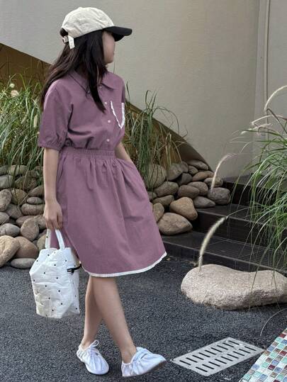 مايوه حريمي قطعة واحدة DAZY قميص أكمام قصيرة وشورت قطعتين للفتيات المراهقات، لون أحادي، مجموعة بسيطة وعملية